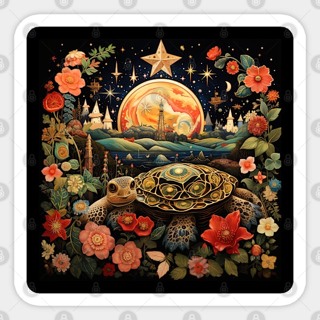 Surrealistic Folk Art Dark Floral Motif Turtle Design Sticker by The Little Store Of Magic